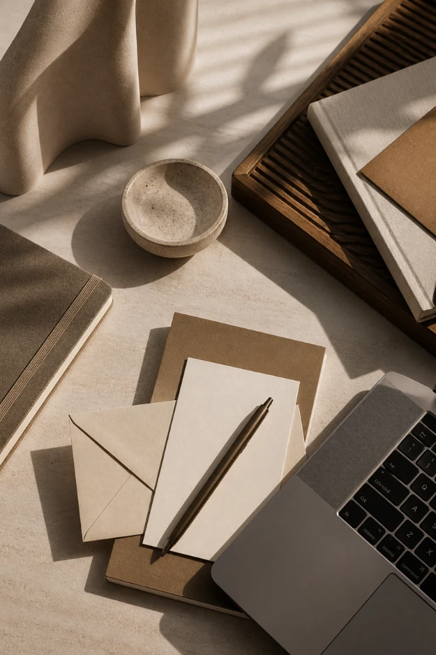 AshScapes studio desk with brand materials